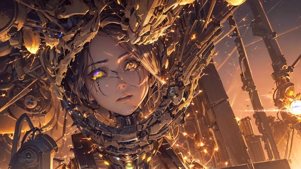 ((Highest quality)),(Ultra-high resolution),(Very detailed),(Detailed Description),((The best CG)),(A masterpiece),Ultra-detailed art,Amazing painting art,(Sci-fi art with intricate detail:1.5), (1 female:1.5),(Beautiful and well-proportioned face:1.5),((A broken mechanical body that emits sparks:1.8)),Looking at me with a cold expression:1.6,((A faintly glowing mechanical eye:1.5)