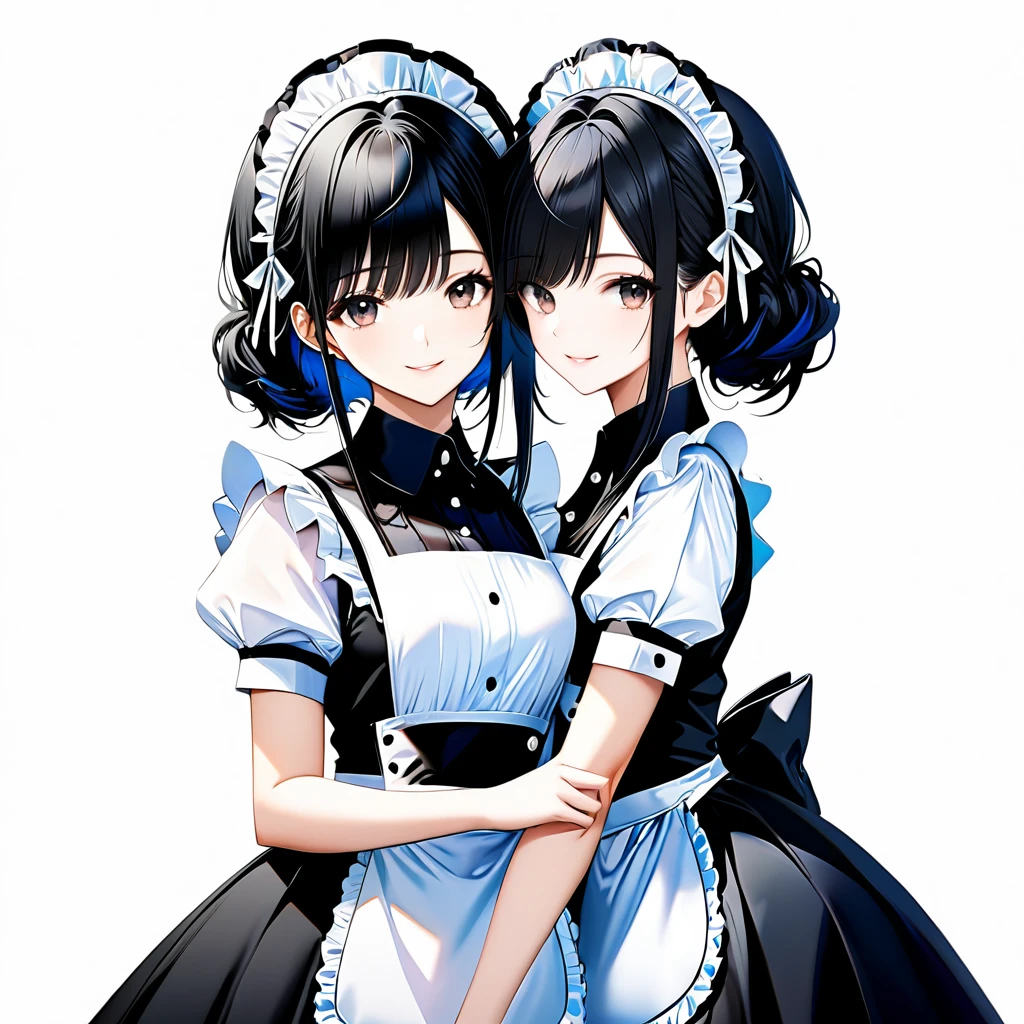 (((White Background:1.5)))、(Very wide shot)、(masterpiece、Ultra HD、Highest quality、masterpiece、４hair:1.2)、Slender body、  Intricate details, Highly detailed fingers、Black Hair、((Maid Fashion)), Intricate details、smile、Front face,from the front、(((Two beautiful girls)))、
