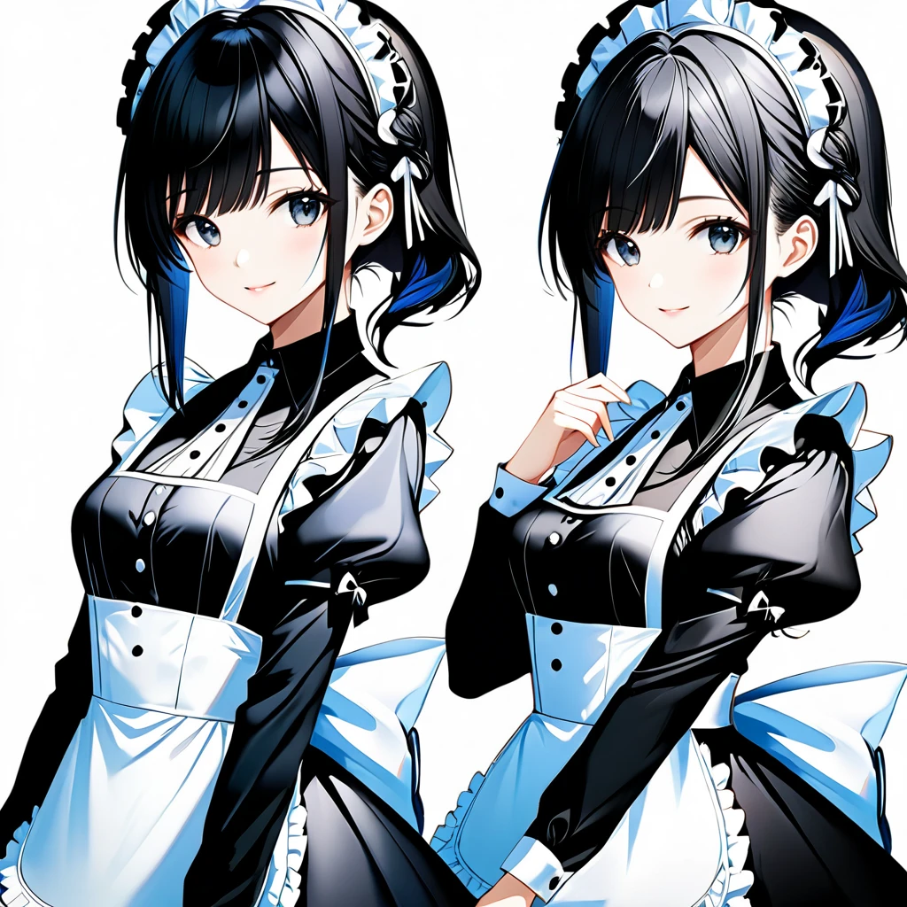 (((White Background:1.5)))、(Very wide shot)、(masterpiece、Ultra HD、Highest quality、masterpiece、４hair:1.2)、Slender body、  Intricate details, Highly detailed fingers、Black Hair、((Maid Fashion)), Intricate details、smile、Front face,from the front、(((Two beautiful girls)))、
