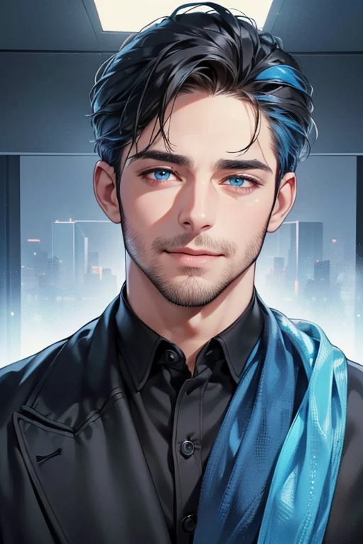 a handsome 35 year old man, 3 day beard, dark hair, sharp jawline, (mesmerizing blue eyes), perfectly styled hair, wearing cool anime outfitt, dynamic lighting, (CEO), (expression, smile in love), (best quality,4k,8k,highres,masterpiece:1.2),ultra-detailed,(realistic,photorealistic,photo-realistic:1.37)