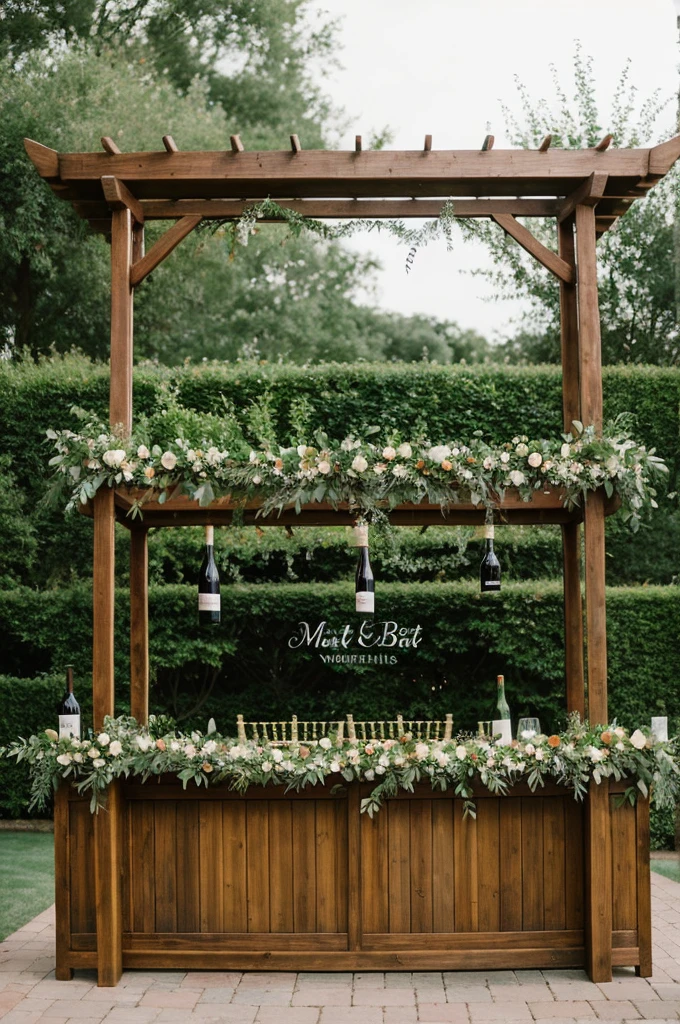 ((best quality)), ((masterpiece)), (detailed),A garden wedding bar with floral garlands and greenery with wine bottles and cups