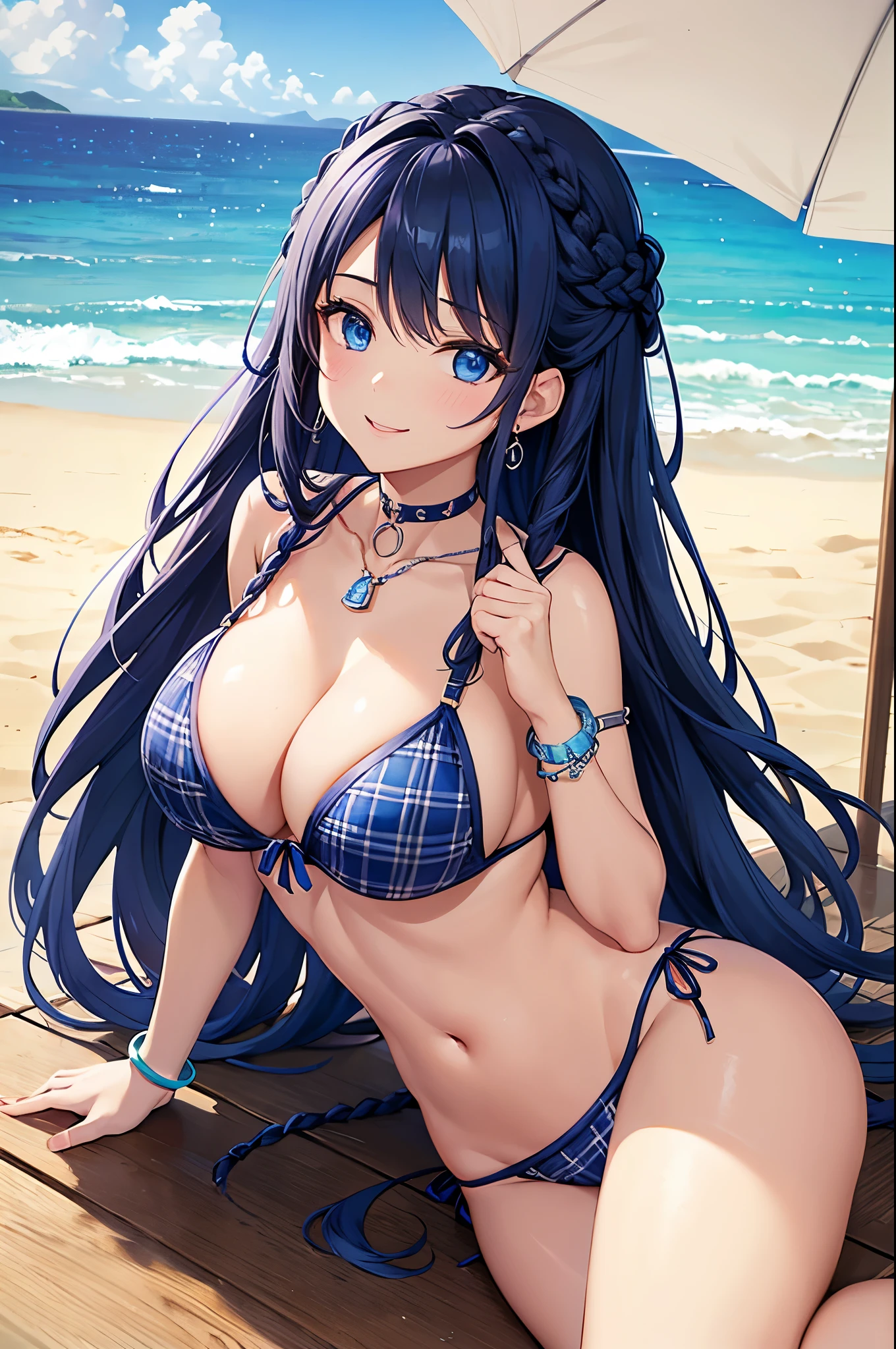 Highest quality、Highest quality、masterpiece、(8K),Beauty(Age 25)、Navy blue long hair(Braiding of the sides)、blue eyes、Sexy Bikini(Plaid)、Big cleavage、(Big Breasts)、smile、blue necklace、Blue Earrings、background(Beach)、Please open your mouth wide、bracelet、Chest puffing pose、Blue choker