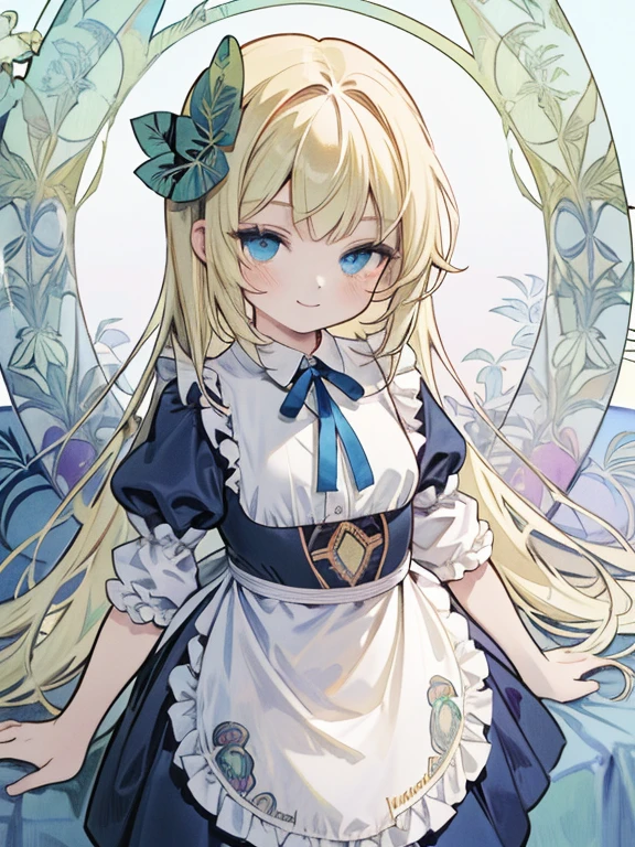 masterpiece, Highest quality, Very detailed, 16K, Ultra-high resolution, Cowboy Shot, Alice in Wonderland, (by Alfons Mucha:1.5), -yeld gi Detailed face, smile, blue eyes, blonde, Braiding, Long Hair, Ribbon on head, Blue clothes, Plain white apron