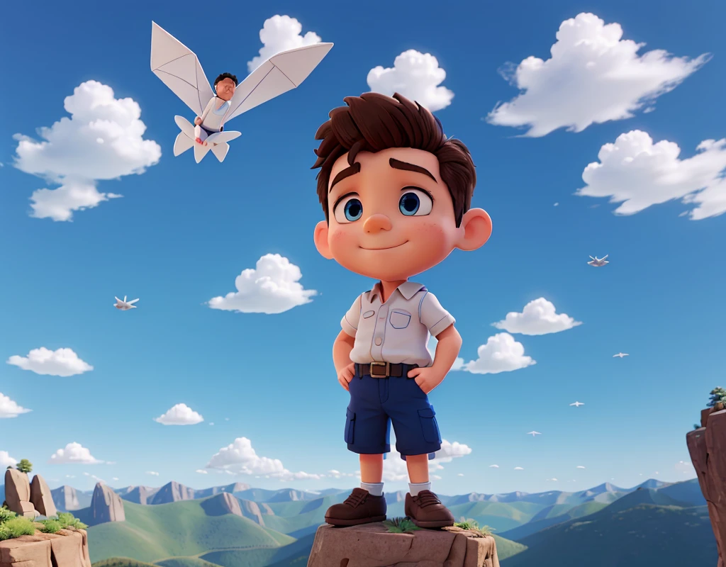 Boy on top of a paper airplane, Paper plane in the air, Cinematic, glad, blue sky, mountainscape, High definition, 3d, magie.