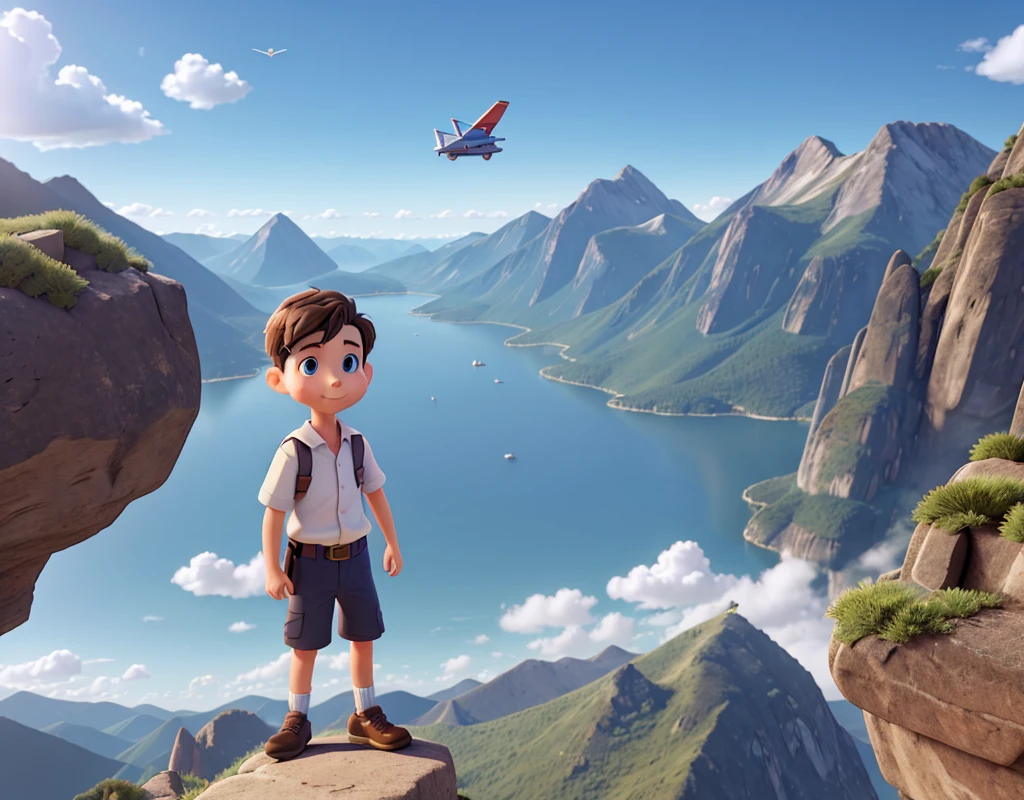 Boy on top of a paper airplane, Paper plane in the air, Cinematic, glad, blue sky, mountainscape, High definition, 3d, magie.
