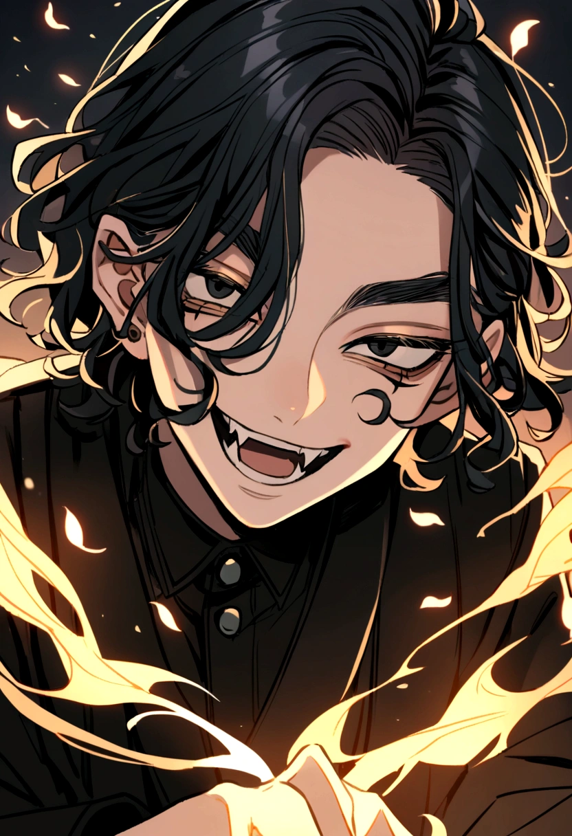 1. Chico Keisuke Baji, tokyo revengers, long black hair color a little wavy, black eye color (smile with fangs) calm look 4k
