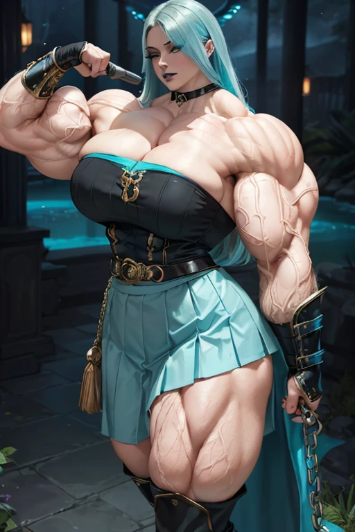 ((((Massive tall, beautiful, buff, pale white skinned muscular woman with cyan hair, black lipstick, ginormous bulky muscles and wearing a cyan off shoulder blouse with beautiful long pleated skirt)))), (close view), (massive muscles), long beachy hair, ((chained belt)), purple eyes, choker, ((cyan off shoulder sweater)), ((beautiful long pleated skirt)), belt, thigh high socks, (gauntlets), black boots, (in a mystical firefly river), closed smile, night, massive muscles