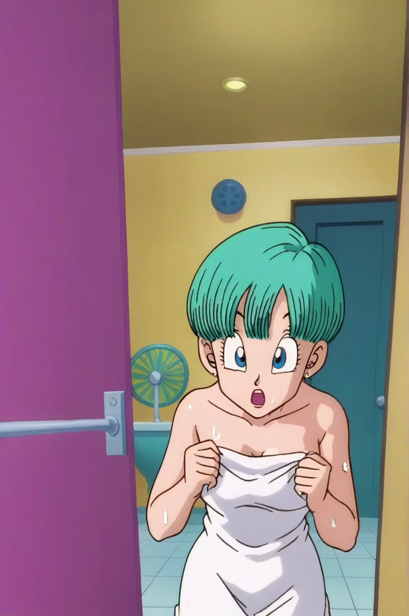 fountain_cheered up, score_9, score_8_above, score_7_above, cheered up screencap,
buu saga, aquamarine hair, very short hair, bowl cut, Blue eyes, using a bath towel, wet hair, shocked, Open mouth, indoors, door, dark room, wet skin, unclothed, naked, covering their parts with their hands