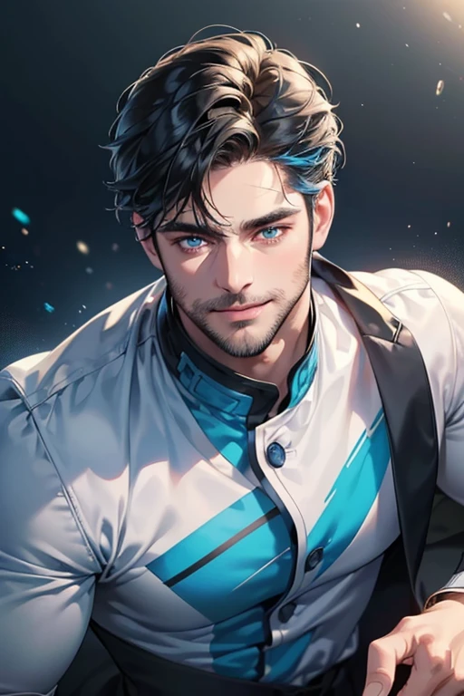 a handsome 35 year old man, 3 day beard, dark hair, sharp jawline, (mesmerizing blue eyes), perfectly styled hair, wearing cool anime outfitt, dynamic lighting, (CEO), (expression, smile in love), (best quality,4k,8k,highres,masterpiece:1.2),ultra-detailed,(realistic,photorealistic,photo-realistic:1.37)