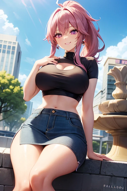 A pink haired with violet eyes with an hourglass figure in a cute crop top and a miniskirt and her hair in a ponytail is sitting on a water fountain at mall with a big smile