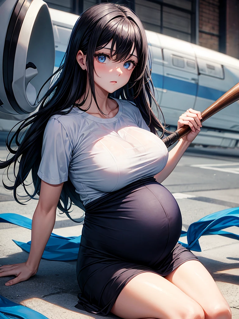 Pregnant woman with dark black hair, blue eyes, blue maternity dress, baseball bat