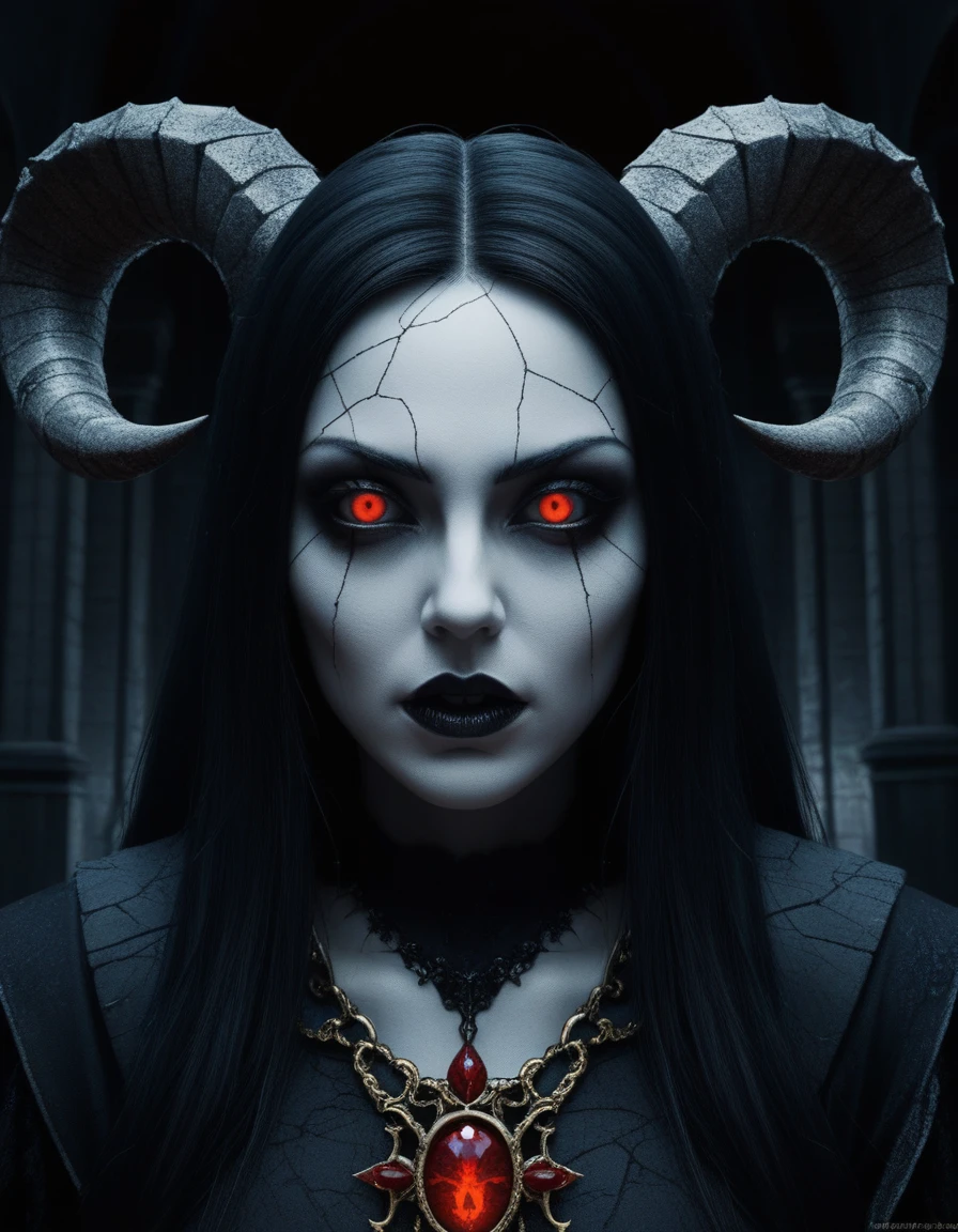 Fruits, Vegetables, horror-themed Wide angle digital illustration, (Demonic female character with dark ash-gray face:1.3), Symmetrical composition, Cracked stone texture, Golden veins, (Red luminescent eyes:1.3), Several twisted horns, Intricate golden metallic details, (Golden veins on neck and shoulders:1.2), Gothic architectural background, Bluish light from top center, (Ominous atmosphere:1.2), Deep shadows, Highlighted facial features, Sinister expression, Realistic digital art, Fantastic influence, eerie, unsettling, dark, spooky, suspenseful, grim, highly detailed