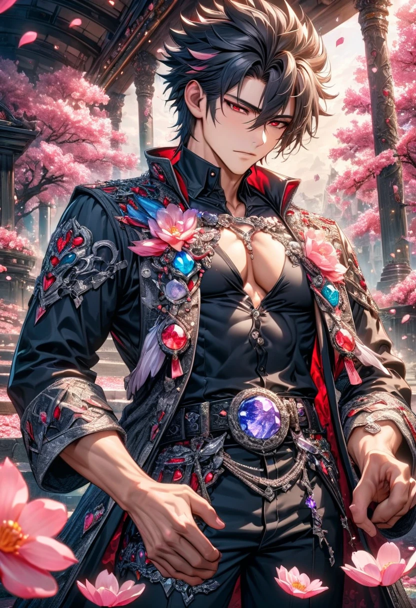 absurdres, highres, ultra detailed, HDR, master piece, best quality, Kaerius, black hair, spiked hair, hair between the eyes, expressive red eyes, Dream and Legacy, solo, sexy man, handsome, black coat, black tight T-shirt, belt around his chest, silver accessories, fantasy, pink flowers, blossoms, magical, pink petals