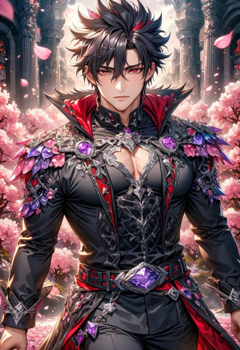 Ultra detailed, highres, absurdres, HDR, master piece, Krozseria, messy black hair, expressive red eyes, Demon Fantasy, pink petals, pink flowers, water, black cape, sexy man, solo, best quality, blossoms, blue shining fireflies, toned chest, black horns, the word "Krozseria" is written on his shirt, fantasy, black horns, black gloves