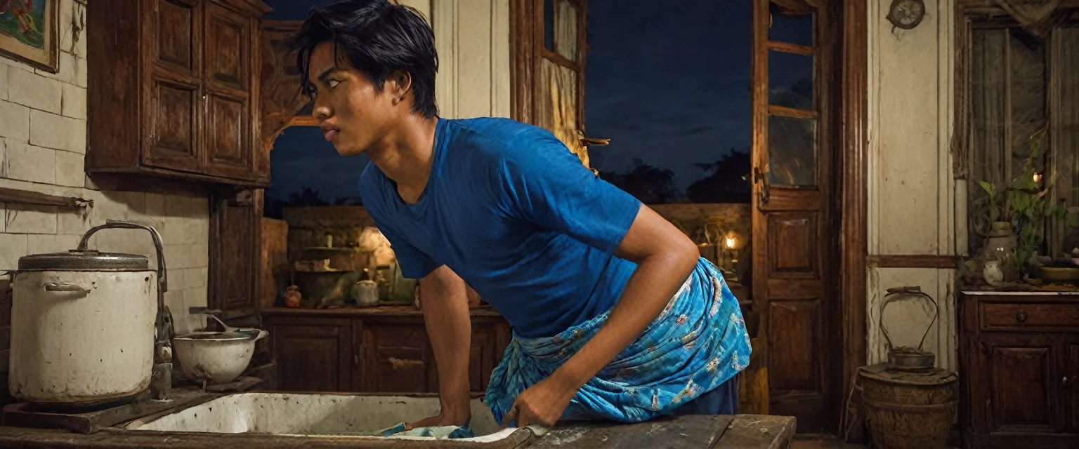 A young Indonesian male student wearing a regular blue t-shirt with a sarong, around 24 years old, is washing dishes in the kitchen of an old Dutch colonial style house. late at night He wore simple clothes, focused on washing dishes in an antique sink. The kitchen has old wooden cupboards, dim lighting and an eerie atmosphere. Images should be detailed and realistic, capturing slightly scary and tense moments. (hyper-realistic, cinematic, detailed, hypermaximalist, octane rendering, unreal engine 5.8K)