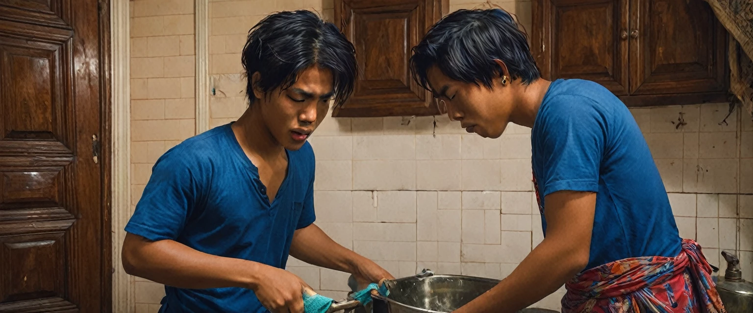 A young Indonesian male student wearing a regular blue t-shirt with a sarong, around 24 years old, on the late nigh he is washing dishes in the kitchen of an old Dutch colonial style house. late at night He wore simple clothes, focused on washing dishes in an antique sink. The kitchen has old wooden cupboards, dim lighting and an eerie atmosphere. Images should be detailed and realistic, capturing slightly scary and tense moments. (hyper-realistic, cinematic, detailed, hypermaximalist, octane rendering, unreal engine 5.8K)