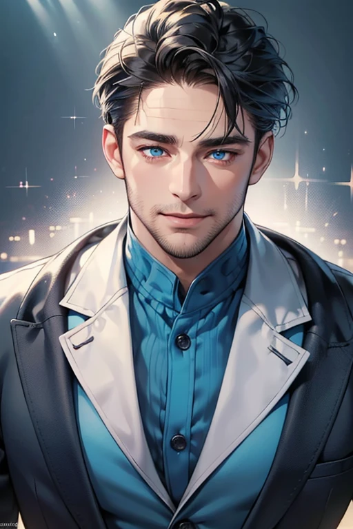 a handsome 35 year old man, 3 day beard, dark hair, sharp jawline, (mesmerizing blue eyes), perfectly styled hair, wearing cool anime outfitt, dynamic lighting, (CEO), (expression, smile in love), (best quality,4k,8k,highres,masterpiece:1.2),ultra-detailed,(realistic,photorealistic,photo-realistic:1.37)