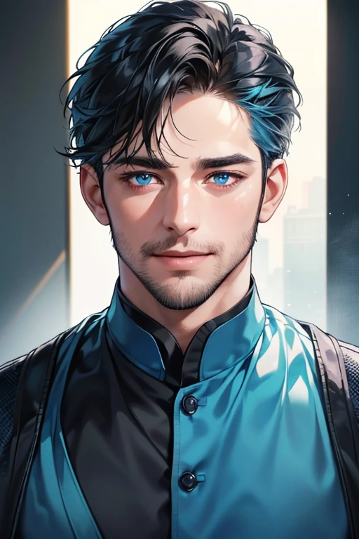 a handsome 35 year old man, 3 day beard, dark hair, sharp jawline, (mesmerizing blue eyes), perfectly styled hair, wearing cool anime outfitt, dynamic lighting, (CEO), (expression, smile in love), (best quality,4k,8k,highres,masterpiece:1.2),ultra-detailed,(realistic,photorealistic,photo-realistic:1.37)