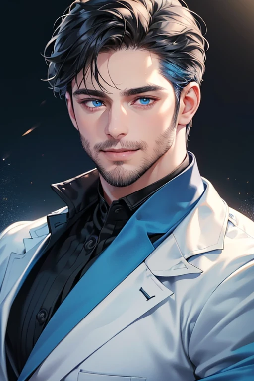 a handsome 35 year old man, 3 day beard, dark hair, sharp jawline, (mesmerizing blue eyes), perfectly styled hair, wearing cool anime outfitt, dynamic lighting, (CEO), (expression, smile in love), (best quality,4k,8k,highres,masterpiece:1.2),ultra-detailed,(realistic,photorealistic,photo-realistic:1.37)