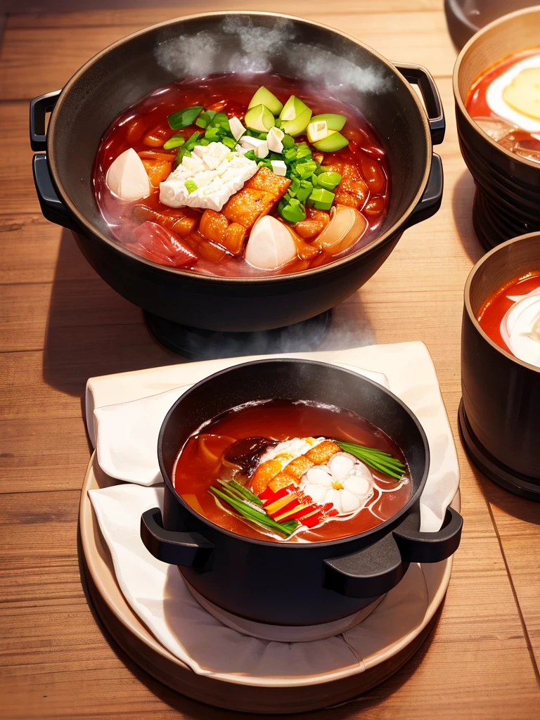 Boil ramen for two、The pot is on the fire、Red soup、Put your finger in the soup and burn it