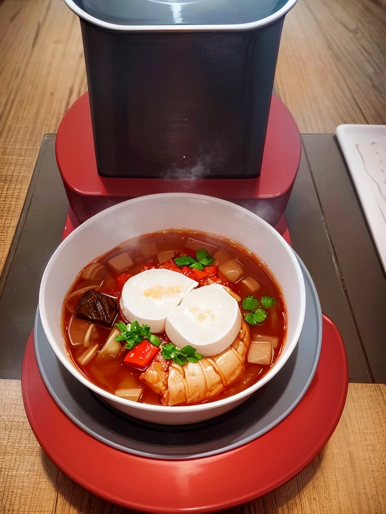 Boil ramen for two、The pot is on the fire、Red soup、Put your finger in the soup and burn it