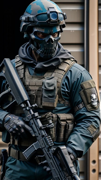 man strong, soldier. Special forces, skull mask, dark blue helmet and armor, light blue uniform, army, holding gun, The Death Squad.