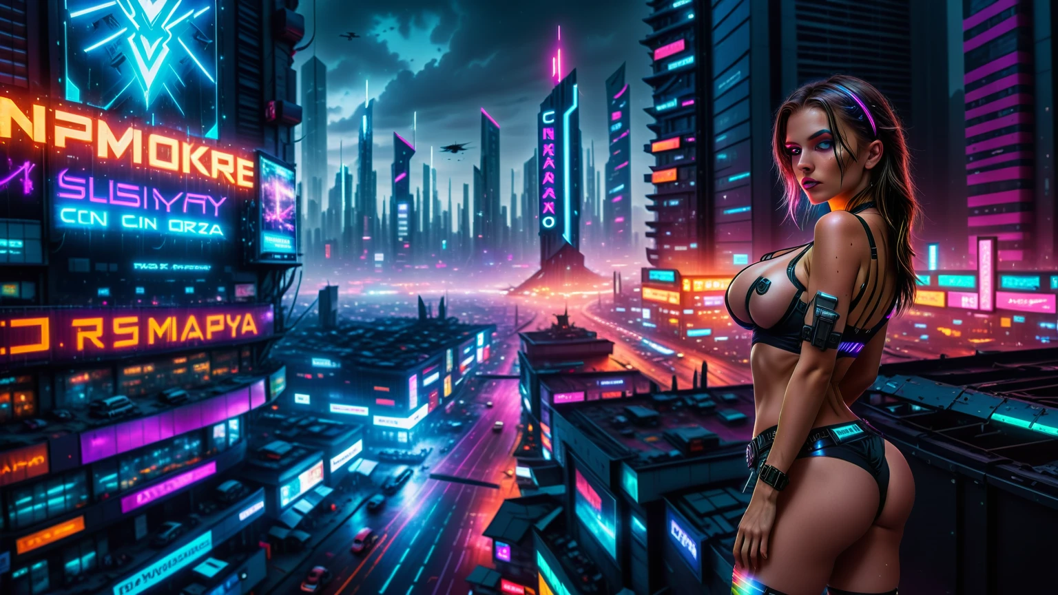 (((aerial view))) image of a cyberpunk cityscape, all-glass towering skyscrapers, a lot of neon lights and holographic billboards, futuristic, high-tech and grunge elements, 1drone. at night, (((1girl, solo))), photo realistic, (large-breast slim body, cleavage), (((full bra top, extreamly short pleated (((miniskirt))) exposing panty))), (((((aiming at camera with a (short gun), (looking at camera)))))), (((((half-body (thigh level) medium shot))))), (cinematic lighting).