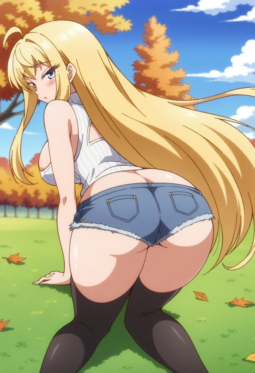 (anime art style), masterpiece, best quality, very aesthetic, absurdres, dynamic shadows, atmosferic, minamifuyuki, ((1girl)), antenna hair, blonde hair, long hair, sidelocks, ahoge, eyeslashes, blue eyes, curvy body, ?????????????, ????, cleavage, white sneakers, turtleneck sweater, striped sweater, white sweater, cutout on cleavage, micro shorts, denim shorts, black thighhighs, ???? arms, borrowed, embarrased, intense blush, ((feet out of frame)), (from back), (grass), (afternoon), (autumn), (trees), (clouds), (?????????), (looking at viewer:1.0)