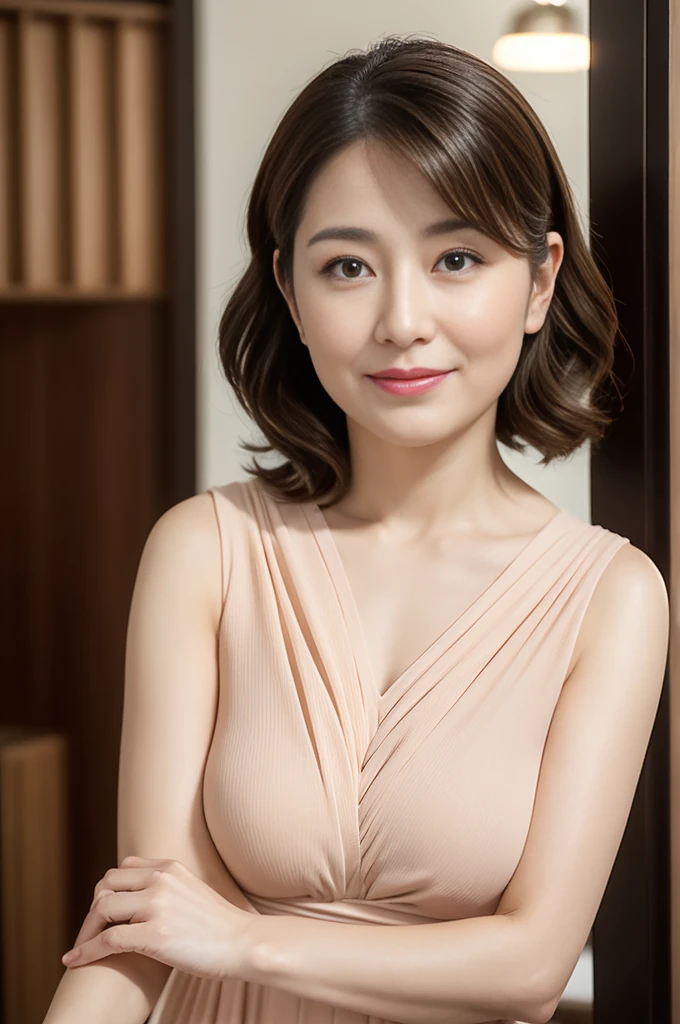 Giving a massage to a man、Highest quality、High resolution、Photorealistic、Raw photo、8k wallpaper、perfection、Professional Lighting、Very detailed、Depth of written boundary、Light solid color background、((Japanese mature woman in her 50s))、Chubby figure、Sexy Woman、Detailed face、Beautiful Eyes、bangs、Big and ample breasts、Light brown half-up hairstyle、Faint lips、((I am very surprised、Surprised face、Mouth open in surprise))、Business Wear、Legs outside frame、Looking at the viewer、((Fashionable dresses))