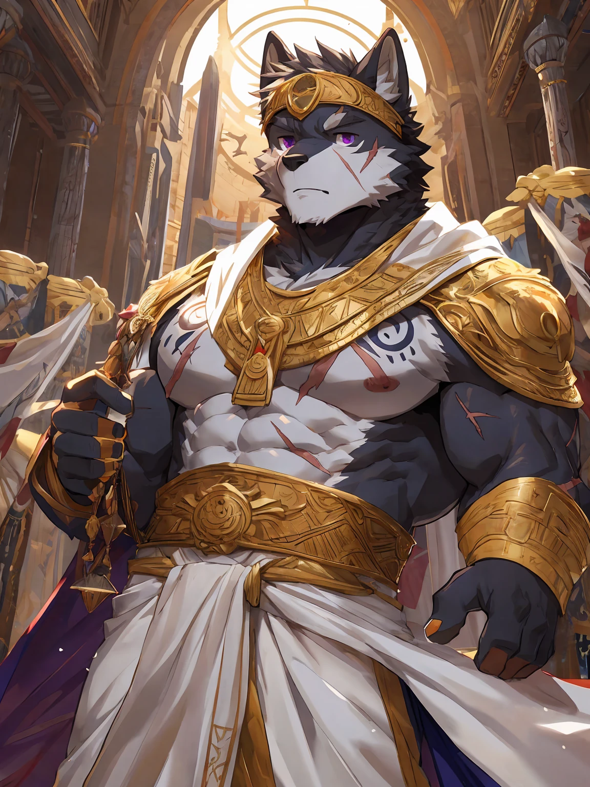 embedding:black wolf, male,purple eyes,Scar on the face, scar on the body,Single person,Toga,Costumes of ancient Greece,White clothes,Gold decoration,The purple pattern on the clothes,white Halo,Sacred tattoos,sacred,Expressions and movements full of divinity,A serious expression,The highest quality of scene detail,adult,Tall and powerful,muscle,Best quality hands, best quality eye,detailed fur,Delicate eyes.Extreme picture quality,by sollyz,by zixiong,by milkytiger1145