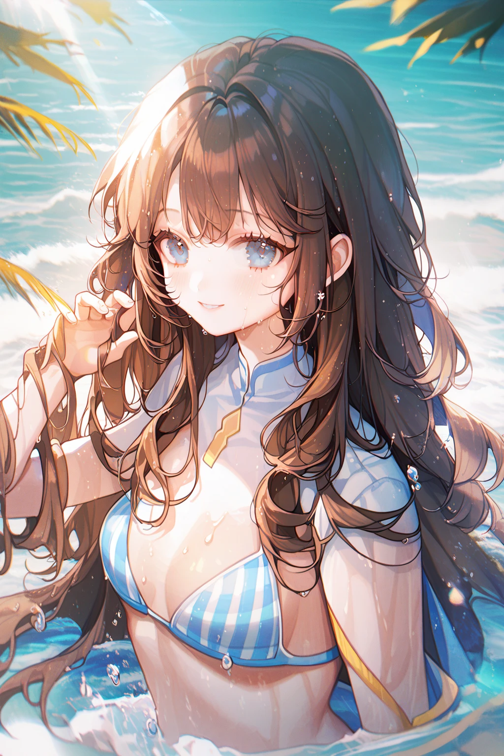 by ttosom, 1 girl, CuteStyle, upper body, blue eyes, brown hair, long hair with bangs, dressed in a bikini, striped bikini with yellow and blue, standing on the seashore, water, splashing water, drops of water, flowing hair, day, light, rays of the sun, sand, detailed, beautiful, medium chest, neckline, looks at the viewer, smile, blush, wet body, dynamic, gentle tones