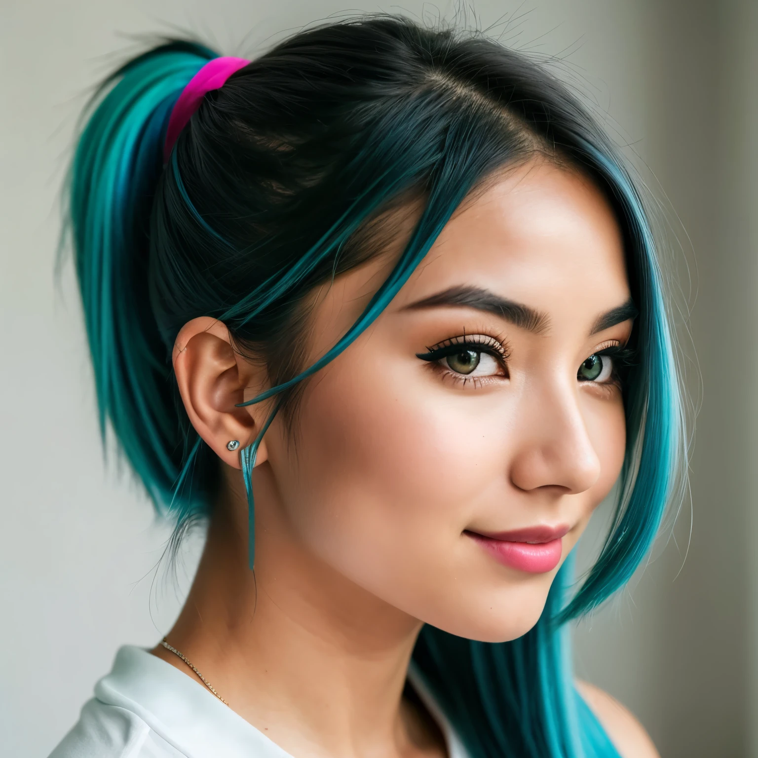 photo of (emikin:0.99), woman as a sexy TikTok influencer, cobalt hair, blue hair , teal hair , twintails, woman with Asian features, 24-year-old (green-eyed woman), She has a small elegant nose with a slight upward curve at the tip. Her lips are full and naturally pink with a well-defined Cupid's bow. Her teeth are straight and white enhancing her captivating smile. Her face has an oval shape with high cheekbones that add to her model-like appearance. happy, wearing activewear, (extremely detailed CG unity 8k wallpaper), photo of the most beautiful artwork in the world, professional majestic (photography by Steve McCurry), 8k uhd, dslr, soft lighting, high quality, film grain, Fujifilm XT3 sharp focus, f 5.6, High Detail, Sharp focus, dramatic, Cleavage showing , (looking at viewer:1.0), (detailed pupils:1.3), (natural light), (seductive)