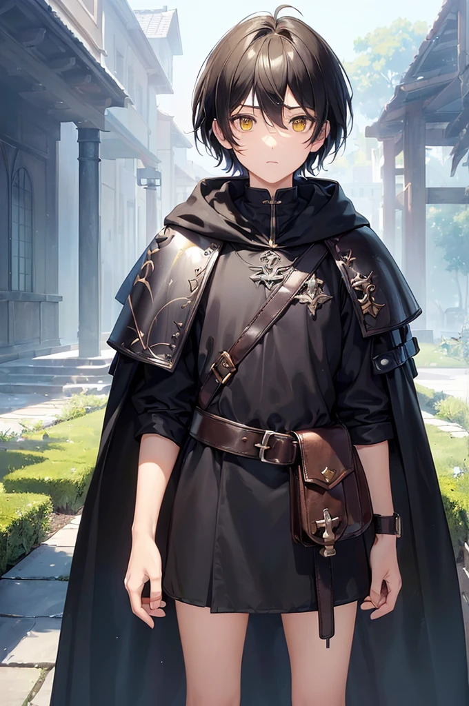 (masterpiece; best quality: 1.2), (finely detailed eyes: 1.3), ((10 year old male kid)), ((solo)), (yellow eyes: 1.4), (body; short, slender: 1.3), (short white hair: 1.3), (beautiful and clear background: 1.2), ((depth of field)), (clothes: traveler dark spellblade attire + light leather armor + black cloak + pouches and satchel: 1.3), (anime illustration: 1.2), (background; garden exterior: 1.1), (extremely fine and handsome: 1.1), (shot composition; standing + centered on torso + close-up: 1.5), (expression; calm, stoic: 1.2)