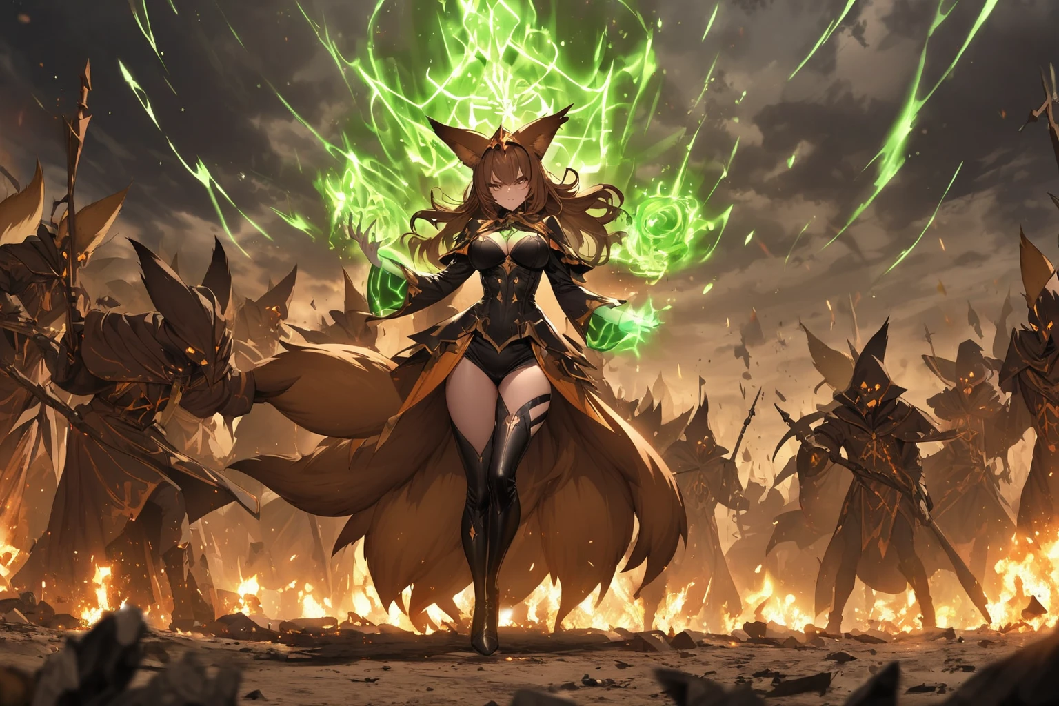 hand drawing, high detail, kitsune necromancer on a battlefield, using magic to raise the dead, sexy outfit, brown hair, brown eyes, evil, green magic, foxtail