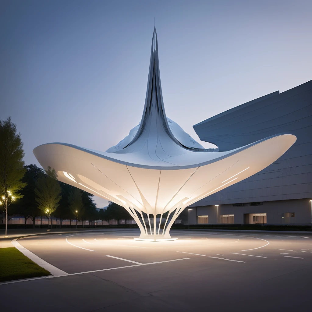 There is a huge white building in the middle of the parking lot，The roof is curved, inspired by Zha Shibiao, by Zha Shibiao, Zaha Hadid octane highly render, Web portals. Zaha Hadid, in style of Zaha Hadid architect, Futuristic Church, in style of Zaha Hadid, 受到Zaha Hadid的启发, Zaha Hadid style architecture, Zaha Hadid architecture