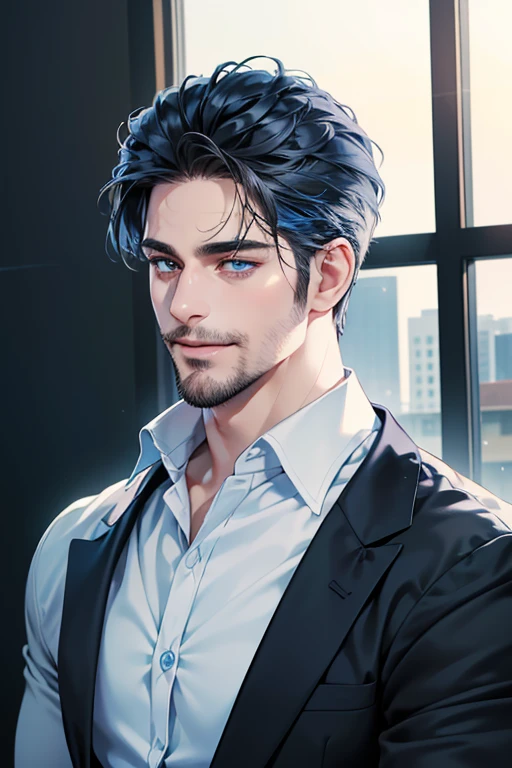 a handsome 35 year old man, 3 day beard, dark hair, sharp jawline, (mesmerizing blue eyes), perfectly styled hair, wearing cool anime outfitt, dynamic lighting, (CEO), (expression, smile in love), (best quality,4k,8k,highres,masterpiece:1.2),ultra-detailed,(realistic,photorealistic,photo-realistic:1.37)