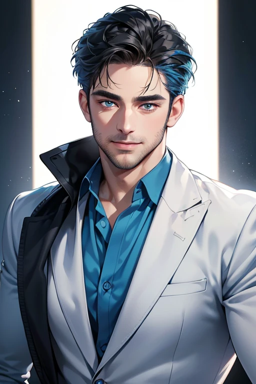 a handsome 35 year old man, 3 day beard, dark hair, sharp jawline, (mesmerizing blue eyes), perfectly styled hair, wearing cool anime outfitt, dynamic lighting, (CEO), (expression, smile in love), (best quality,4k,8k,highres,masterpiece:1.2),ultra-detailed,(realistic,photorealistic,photo-realistic:1.37)