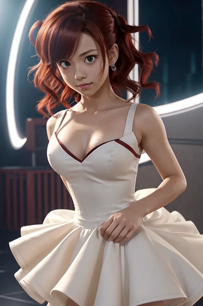 screenshot to the Anime of boku no Hero Academia with the character Bakugo Katsuki in a ball gown dancing with a short girl with shoulder-length wavy red hair and a mole on her right cheek under her eye, she has light brown eyes and white skin next to a sexy black dress.