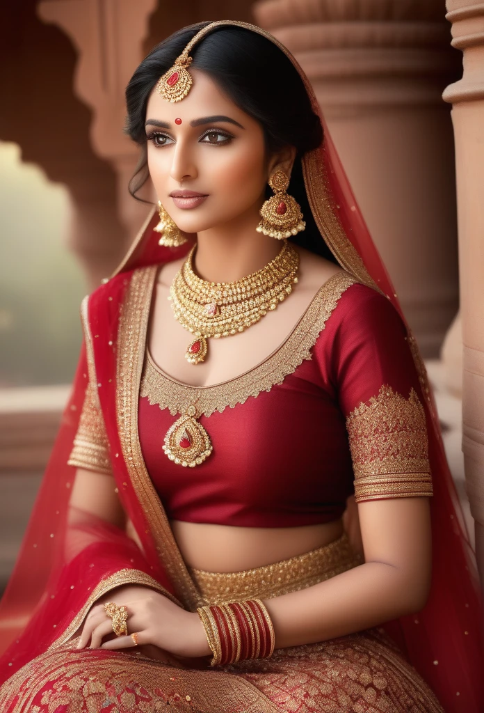 (Top quality, high resolution, accurate, masterpiece, 8k:1.5), (Realistic, Photorealistic:1.3), RAW photo, beautiful princess in indian red gold plated lahenga, necklace, jewelry, hair accessories, long weavy black heavy hair, light makeup, glass skin sleeping in the arms of a handsome king of dark complexion in a royal dhoti and no upper garment, ancient male jewelry.,big breasts