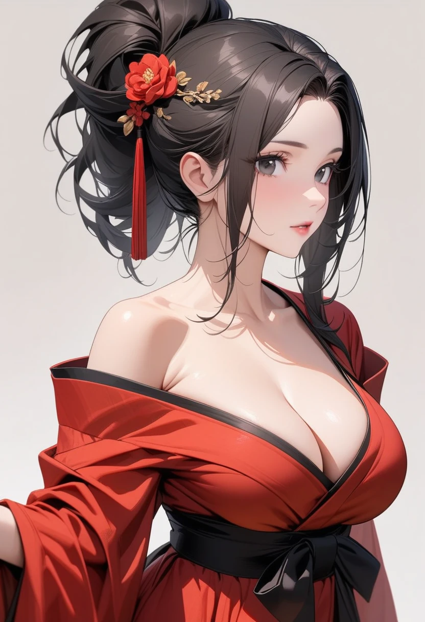 Mature women，Black long hair，Hair up，Red Hanfu，Showing cleavage，Show your shoulders，Beautiful black eyes，Extremely detailed，high resolution，Simple background
