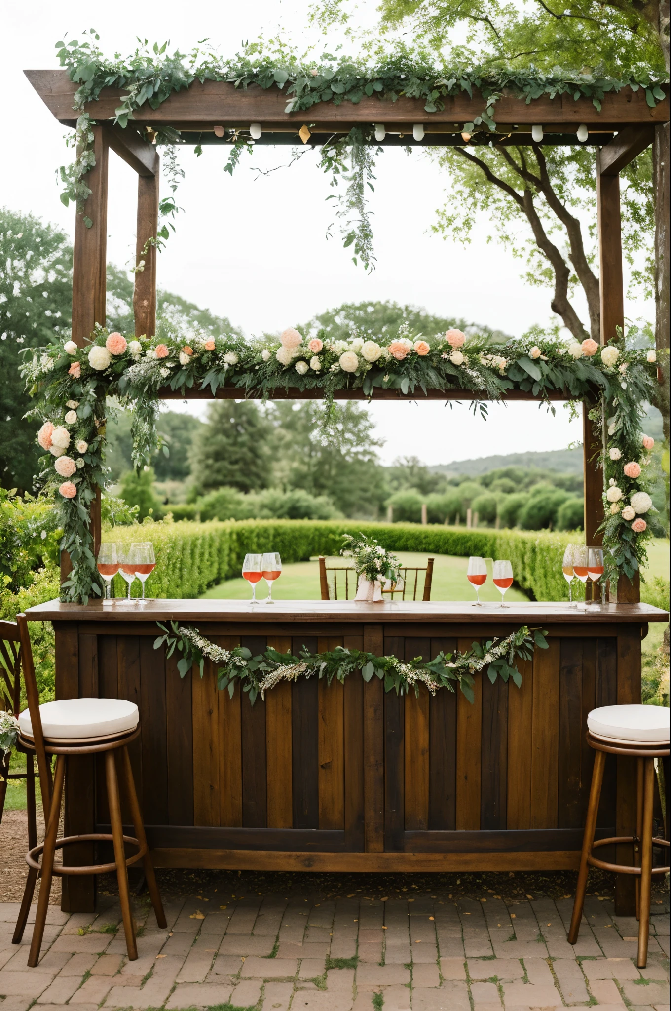 ((best quality)), ((masterpiece)), (detailed),A garden wedding bar with floral garlands and greenery , wine bottles and cups on the table