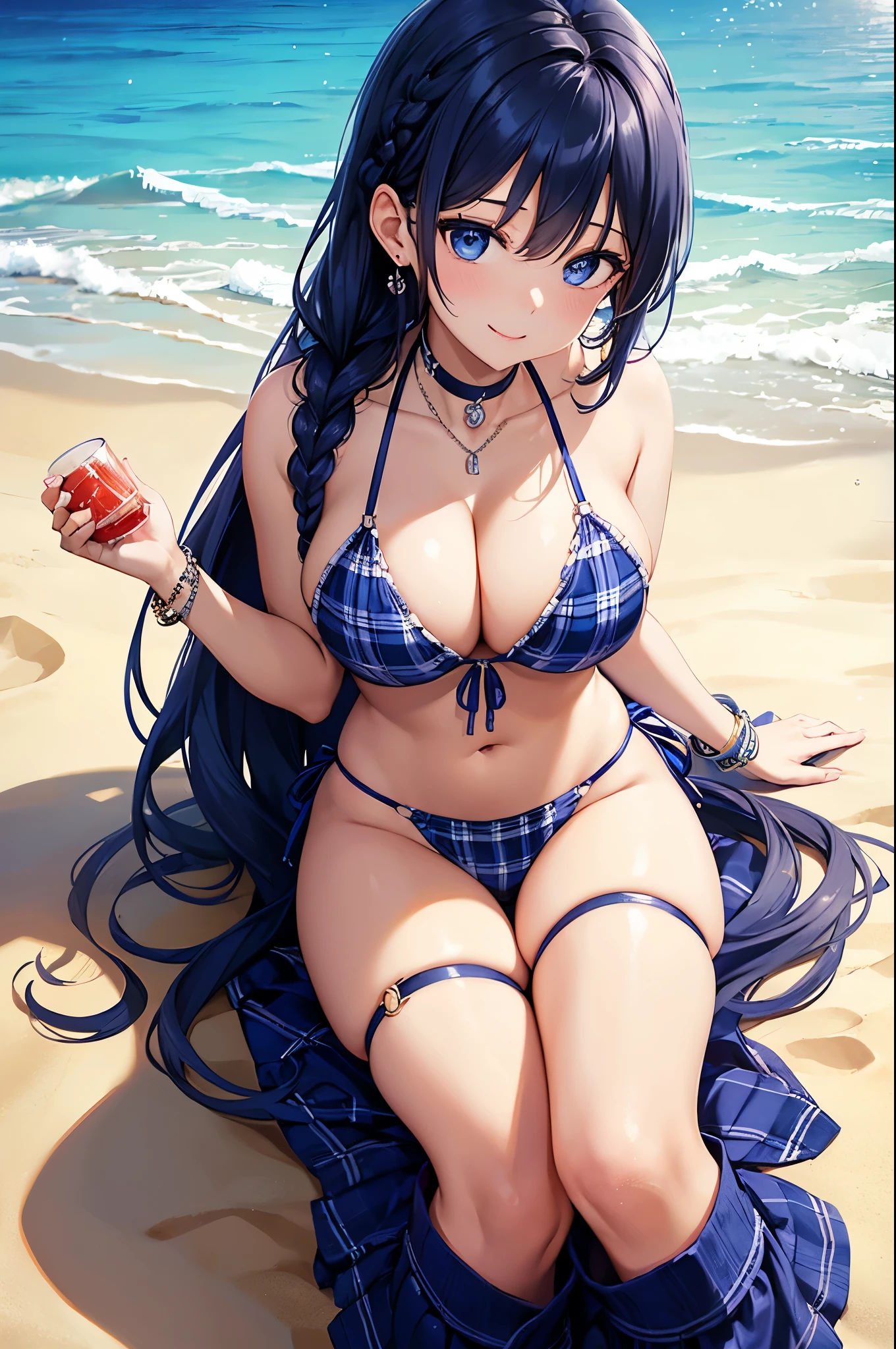 Highest quality、Highest quality、masterpiece、(8K),Beauty(Age 25)、Navy blue long hair(Braiding of the sides)、blue eyes、Sexy Bikini(Plaid)、Big cleavage、(Big Breasts)、smile、blue necklace、Blue Earrings、background(Beach)、Please open your mouth wide、bracelet、Chest puffing pose、Blue choker