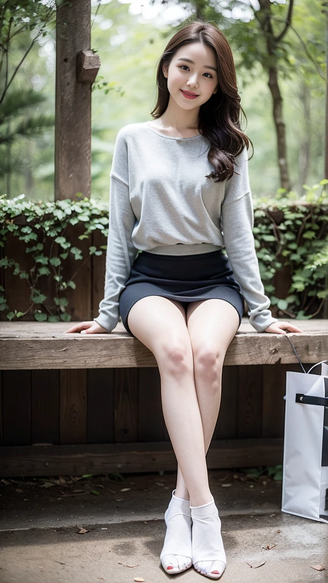 (Skin blemishes:1.2), (Skin Indentation), Dark circles, 1Missl, 25 years old, (((Miss))), Solitary, Practical, best quality, Reality, proficient, 8K, high resolution, Solitary, Extremely detailed face, (Professional lighting,Bokeh),(Light Particles,lens flare,Glowing particles:0.6),(Dynamic poses:1.2),Soft Lighting,Top angle view,fashionable atmosphere, (A girl in the forest),((During the day)), sky sky, ((Looking at the audience:1)), (Looking at the camera), Gorgeous, stand up, Maintain original facial proportions, Shave your shoulders, Full Body Love, (Medium chest), (Long, delicate hair), Brown hair, Flutter, Open lips, Lipstick, 迷人的Smile, Smile, Open your mouth, teeth, (Blue grey tight sweater), (White)(Business Mini Skirt), eyelash, birthmark, (Mole under the eye: 1),Proportionate legs, Thin and white,A pair of lotus feet,White and tender,No shoes,Delicate and beautiful feet,Wear high-end brand travel shoes,Full body image
