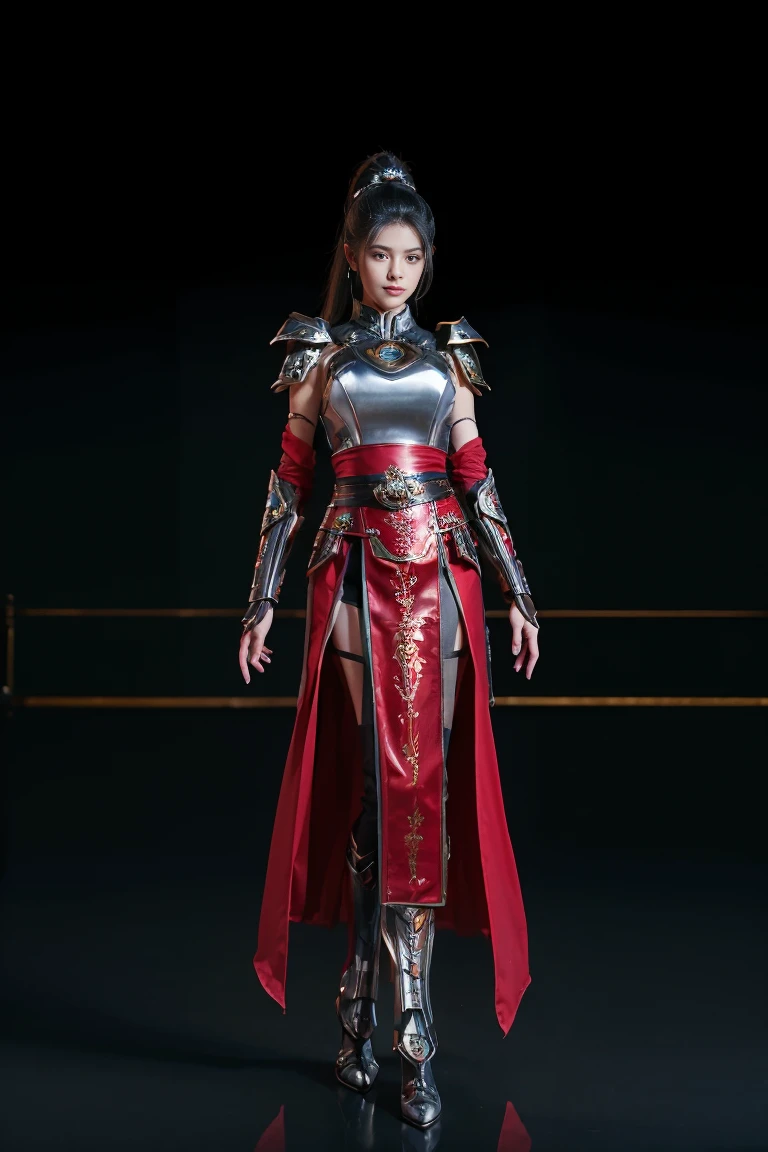 ((Full body photo, standing, feet on the ground)) tmasterpiece,Best quality at best,A high resolution,8K,(portrait),(Close up of avatar),(RAW photogr),real photograph,(Costumes that combine fantasy and science fiction styles),digital photography,teens girl,18yo Girl,long ponytail hairstyle,through bangs,Beautiful white and red gradient hair,Red eyes,iintricate,elegant and charming,The content is very detailed,Simple accessories,Metal armor,black sash,Clothing that combines technology and ancient style,Crop topping,Hollow armor design,Combat uniforms,Shoulder pads,cyber punk personage,binh,Photo pose,stately,metalictexture,oc render reflection texture,Gray street background, ((fullbody)),