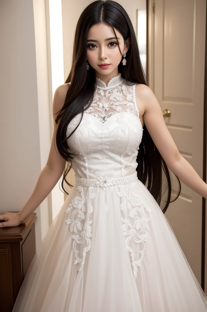 (Turn your whole body to the viewer:1.5) (The background is a pure white wall:1.Close-up of 8 from the neck up) (Perfect Face Her face is slim and dignified.., length, Narrow eyes..々A solo photo of the 24-year-old, most attractive woman in Japan with a beautiful face) (She looks at the viewer with a very seductive expression.) ((Her deep black hair is incredibly voluminous, extremely heavy and curly, and very shiny and silky.、Absurdly Extreme Long Hair Down to Her Ass in Black:1.3 Very thick, deep black, thin hair. Extremely long hair.:1.3 Hair and, And Absurdly Extremely Long Hair:1.3 Black hair)) ((highest quality)), ((masterpiece)), (familiar) (Get used to it) (Her skin is a typical Japanese skin color...、Very detailed) (big breasts) (She has a beautiful face with a slender figure., Narrow eyes.) (Her bangs are a beautifully trimmed asymmetrical hime cut.) (She has perfect sexy makeup Lipstick is light red Solid black eyeliner) ((Rich 1.4)) (Extremely detailed 8K) (Stable Diffusion Model) (Ultra-fine skin texture 1.4) (Actual, Vibrant:1.4), double eyelid Sharp focus:1.2、Beautiful woman:1.4 Dynamic Lighting (Genuine RAW photos taken by professional photographers) Professionally lit from the front ((This is a church with stained glass windows bride in white Wedding dress and gloves standing in front of mirror, dressed beautiful gown, Wedding dress, wearing organza gown, wearing a Wedding dress, Wear a voile dress, white gown, white regal gown, gown, beautiful gown, beautiful Wedding dress, Tulle and lace, white!!, beautiful and elegant, white gloves, ground!, white royal dress, white satin gloves)) (She's the perfect tiara)
