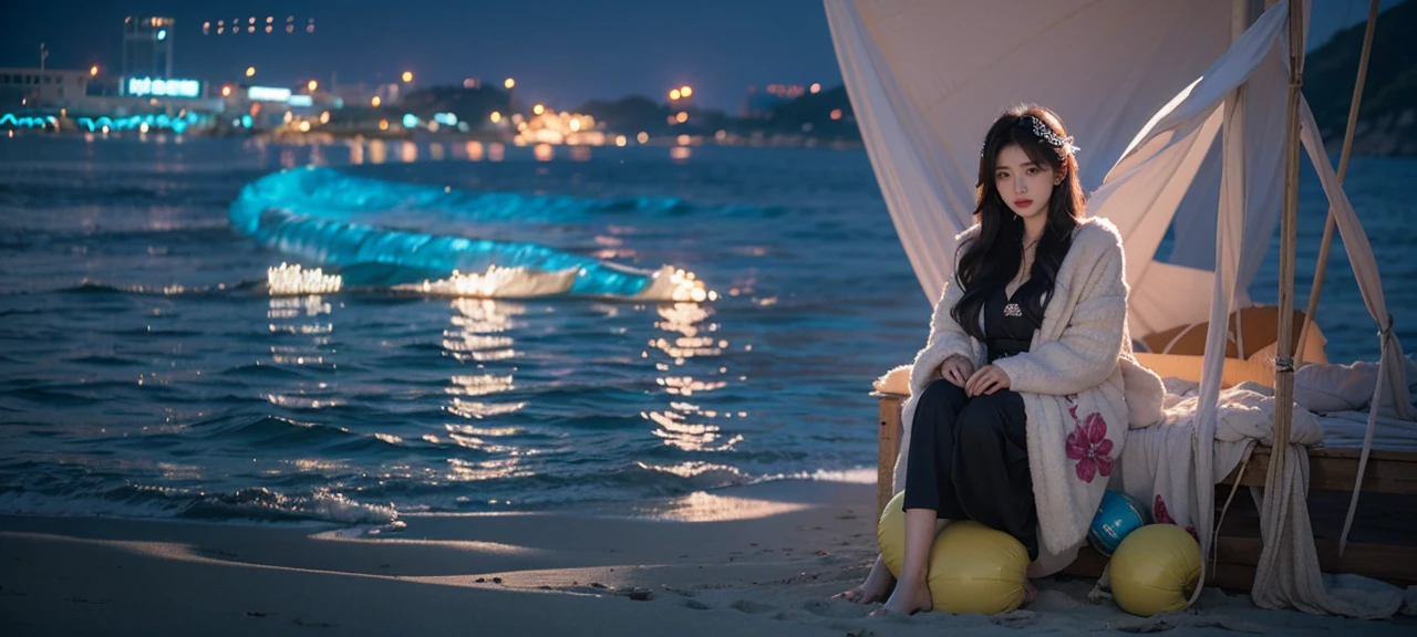 21yo girl, Arafad woman with long white hair sitting on the beach, Portrait of Korean female idol,