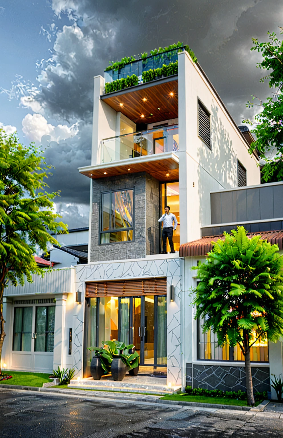 modern villa on street, (overcast lighting:1.2), tropical tree, vivid color, curve wall, streetcapes, nice sky, grey and wwhite tone, (large glass door:1.2), warm interior lighting, modern material, best quality, ultra realistic, masterpiece, 17ArchiAI_XL_VL-v1
