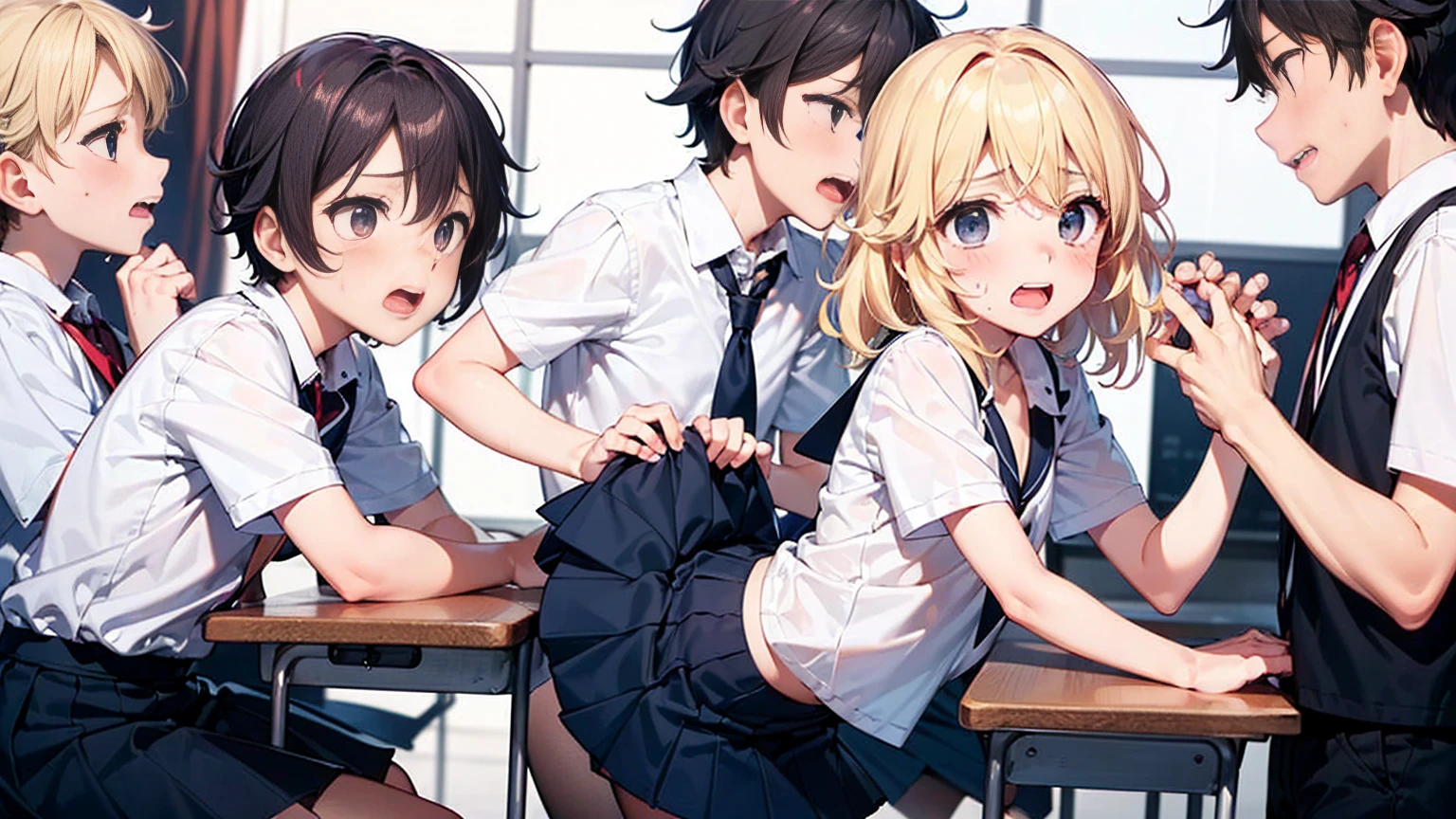 Highest quality,Highest quality,One girl,Multiple Boys,(((()))), surrounded by boys,Flat Chest,orgasm,blush, Sweat, Sakurai Momoka,Blonde,White Sarah Outfit,Navy Blue Skirt, Not a long pleated skirt,whole body,Night Classroom, Grey pantyhose、Flipping up a navy blue skirt、Spread your legs
