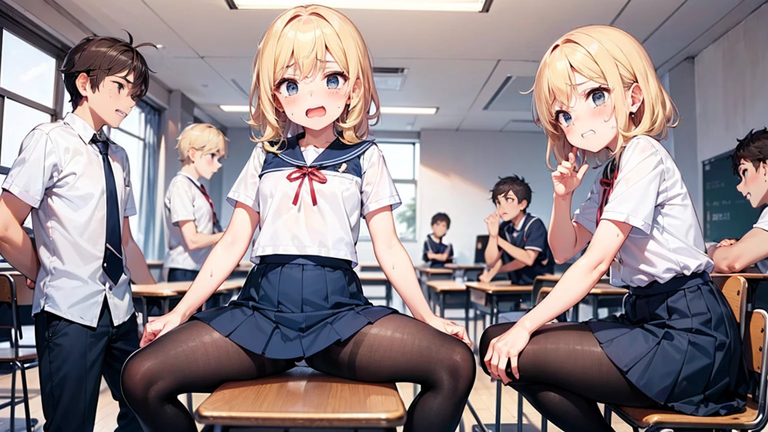 Highest quality,Highest quality,One girl,Multiple Boys,(((()))), surrounded by boys,Flat Chest,orgasm,blush, Sweat, Sakurai Momoka,Blonde,White Sarah Outfit,Navy Blue Skirt, Not a long pleated skirt,whole body,Night Classroom, Grey pantyhose、Flipping up a navy blue skirt、Spread your legs