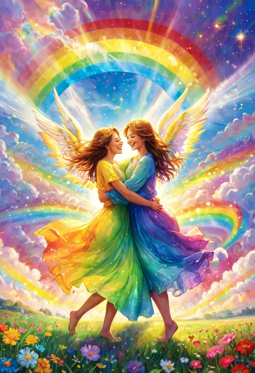 Angels hugging the earth and rejoicing, happiness, smiles, love, big rainbow colored light